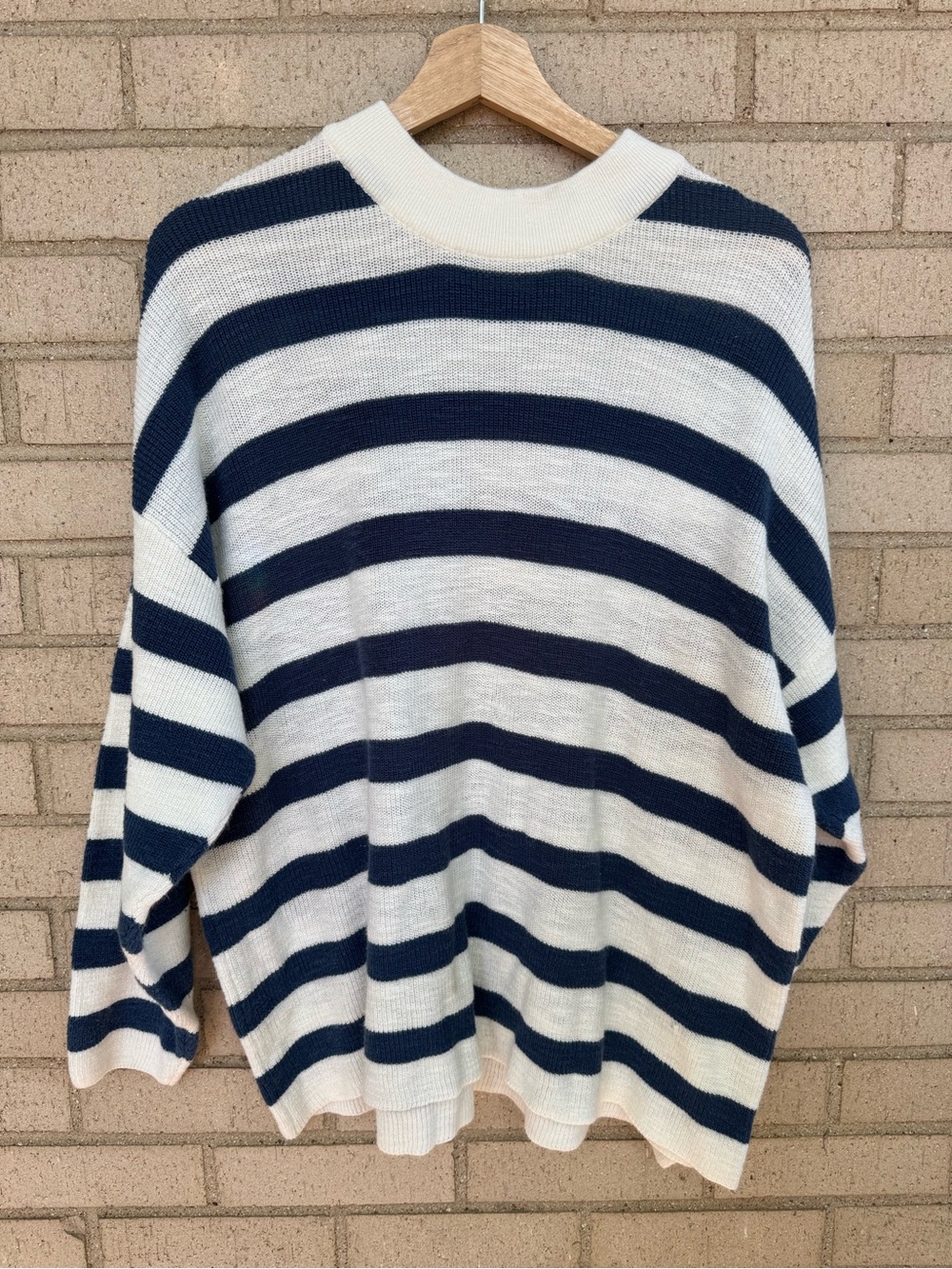 Free People Medium Navy Ivory Coastal Stripe Oversized Mock Neck Longsleeve